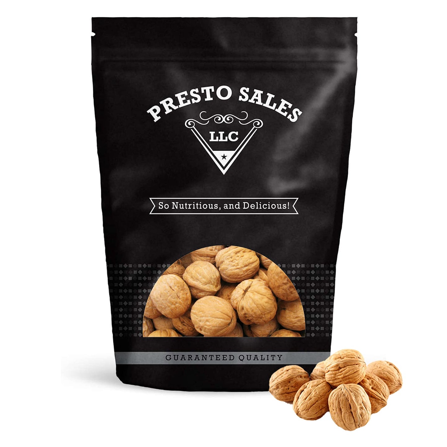 Presto Sales Walnuts “Current New Crop" In Shell Huge Hartley Choice Nut, Grown in California - Packed in a 3 lbs (48 oz.) Resealable Pouch Bag
