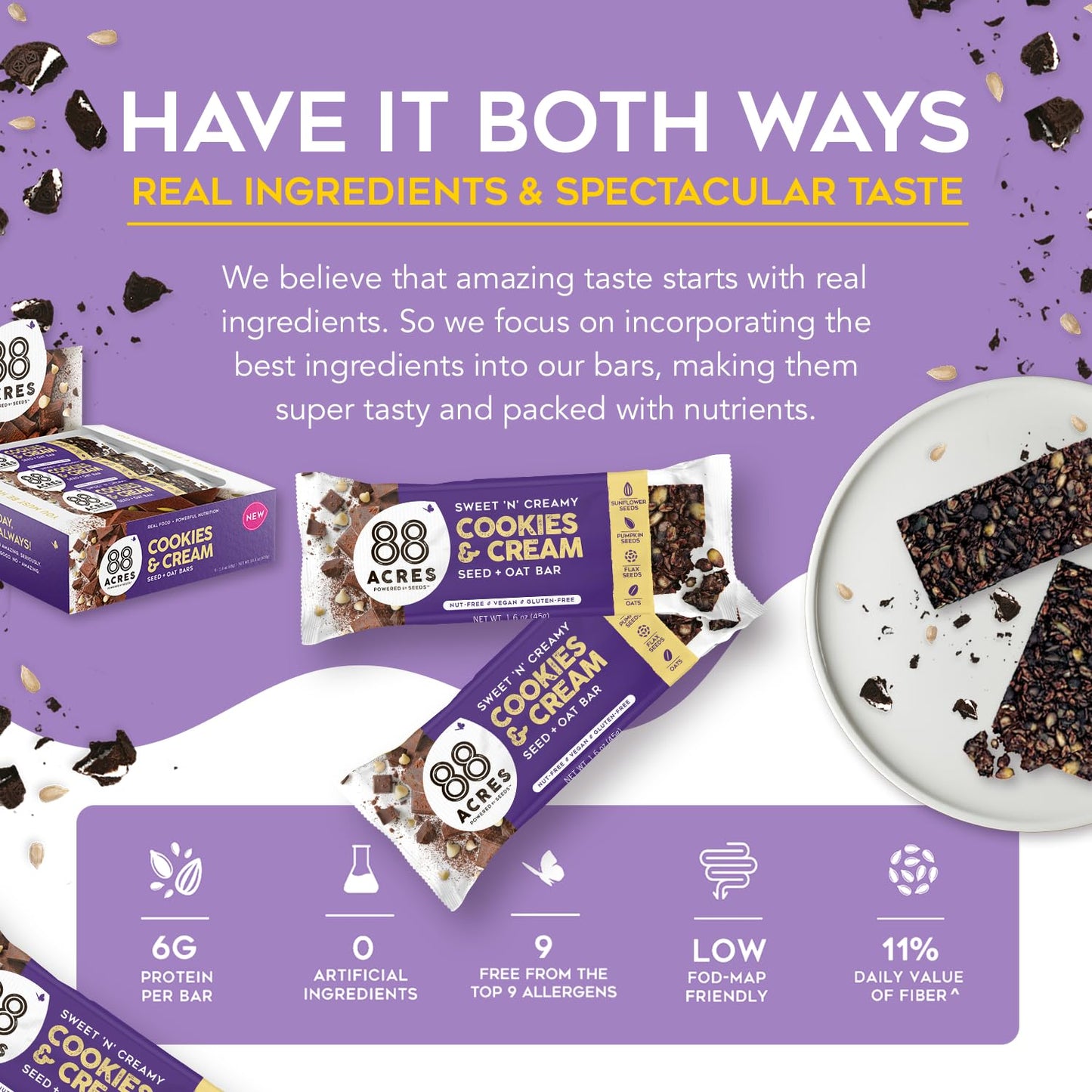 88 Acres Granola Bars | Gluten Free, Nut-Free Oat and Seed Snack Bar | Vegan & Non GMO (Cookies And Cream)