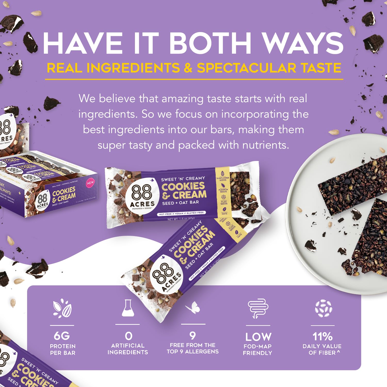 88 Acres Granola Bars | Gluten Free, Nut-Free Oat and Seed Snack Bar | Vegan & Non GMO (Cookies And Cream)