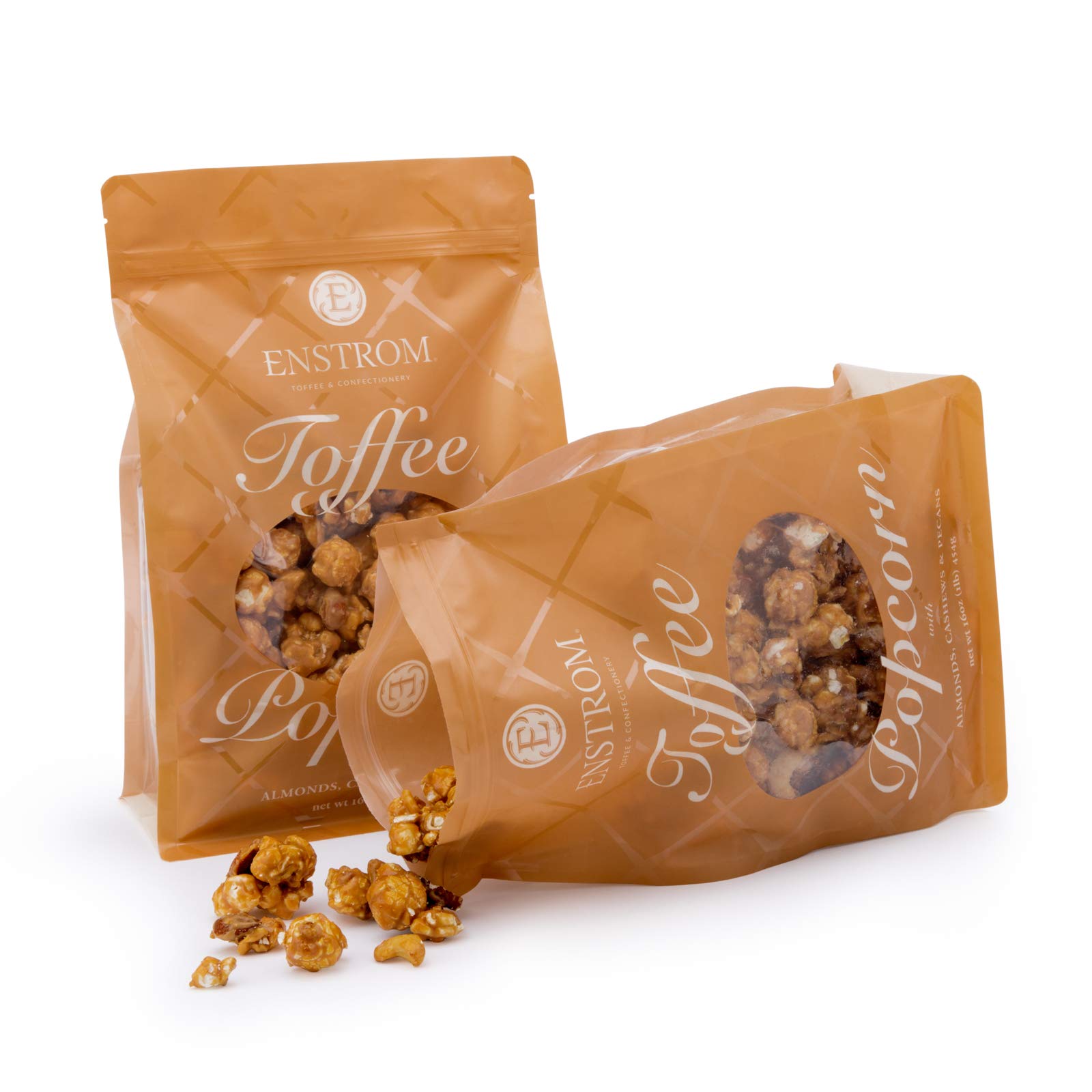 Enstrom Toffee Popcorn 16oz (pack of 2) | Handcrafted with Cashews, Almonds and Pecans | Gluten Free | Kosher Dairy | All Natural | Resealable Bag