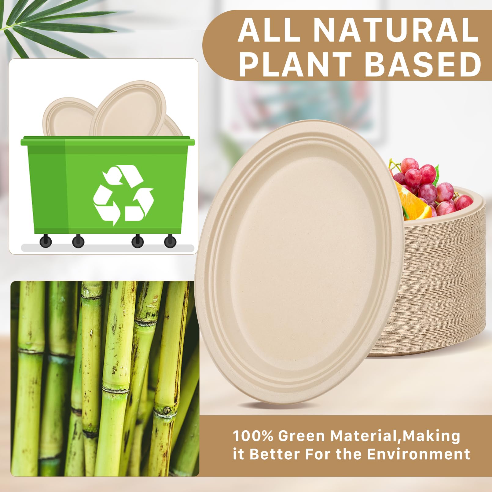 IJRPLM 50 Pack Oval Paper Plates, 12 Inch Disposable Paper Plates Heavy Duty,Compostable Oval Plate, Natural Bagasse Sugarcane Plate for BBQ Party