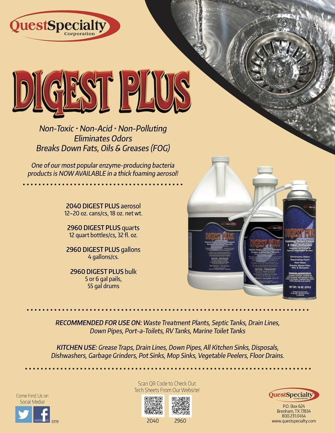 Quest Specialty DIGEST PLUS Foaming Drain Cleaner and Odor Eliminator, 2 count