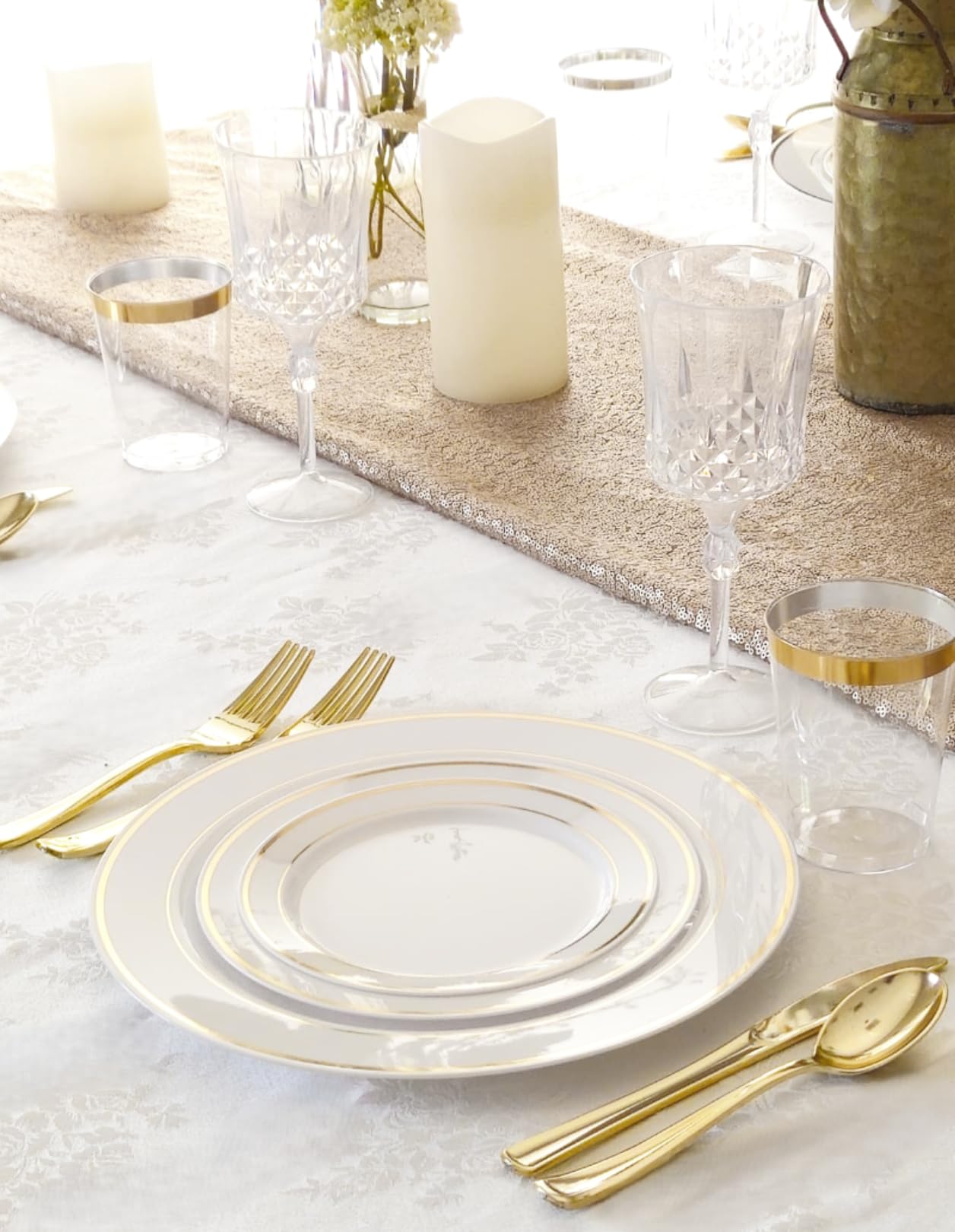 " OCCASIONS " 200Piece set (25 Guests)-Heavyweight Wedding Party Disposable Plastic Plate Set -25 x 10.5'' + 25 x 7.5'' + Silverware + Cups +linen