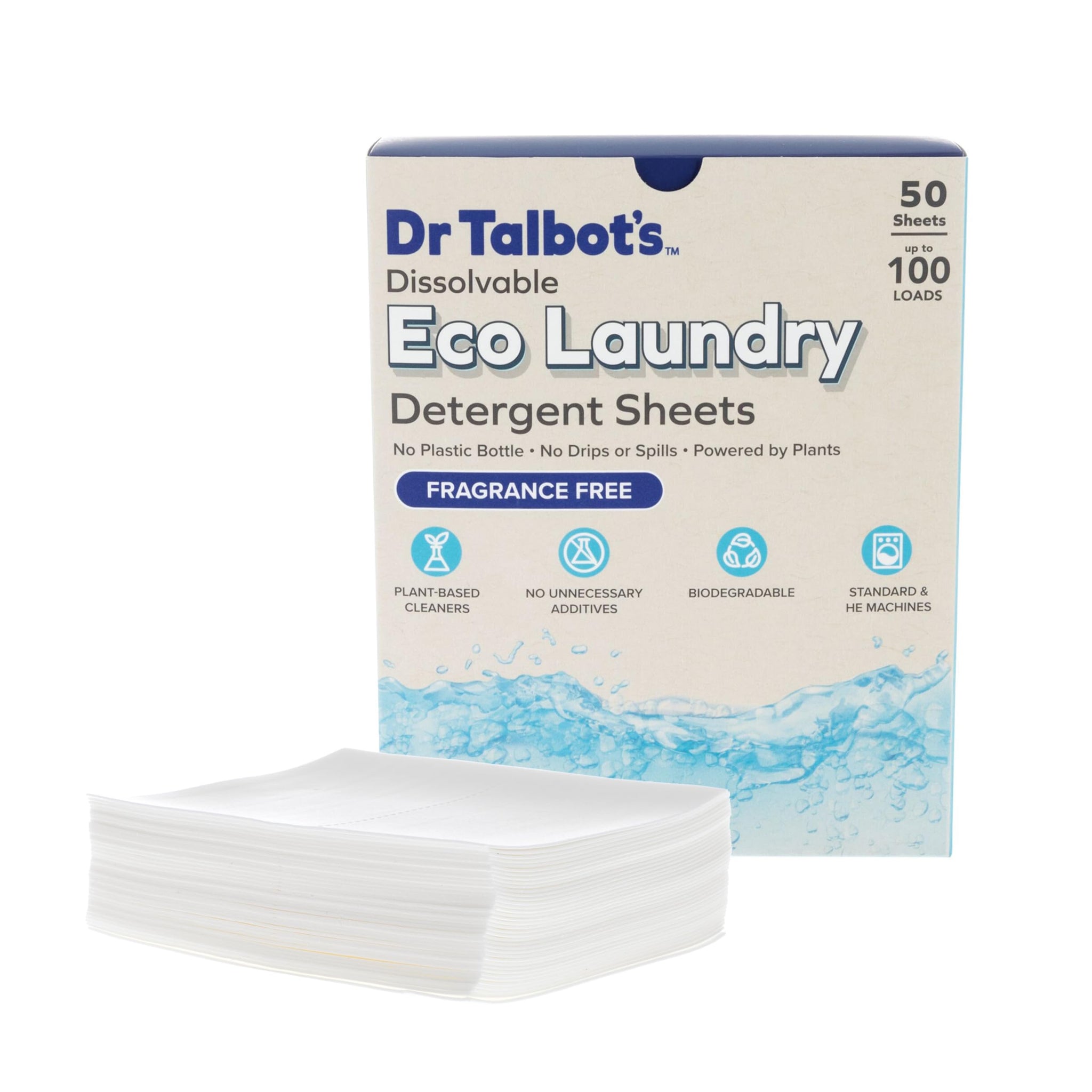 Dr. Talbot's Eco Laundry Detergent Sheets - Fragrance Free, Plant-Based, Biodegradable, No Harsh Additives, Dissolvable for Standard & HE Machines, 50