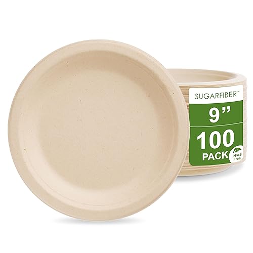 [100 COUNT]Harvest Pack PFAS FREE 9 inch Compostable Paper Plates, Round Disposable Heavy-Duty Natural Bagasse Biodegradable Dinner Plates, Large