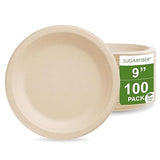 [100 COUNT]Harvest Pack PFAS FREE 9 inch Compostable Paper Plates, Round Disposable Heavy-Duty Natural Bagasse Biodegradable Dinner Plates, Large