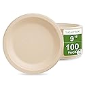 [100 COUNT]Harvest Pack PFAS FREE 9 inch Compostable Paper Plates, Round Disposable Heavy-Duty Natural Bagasse Biodegradable Dinner Plates, Large