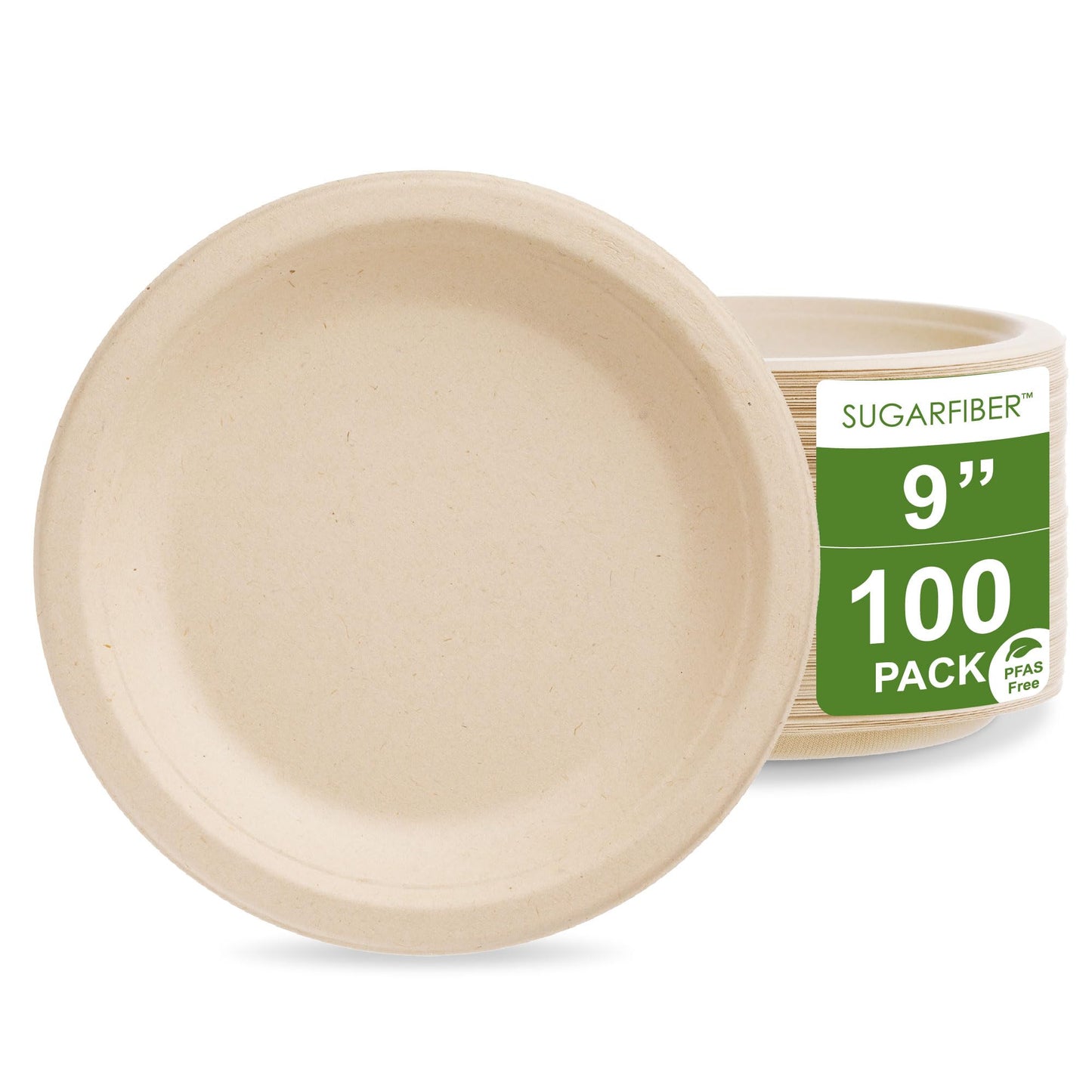 [100 COUNT]Harvest Pack PFAS FREE 9 inch Compostable Paper Plates, Round Disposable Heavy-Duty Natural Bagasse Biodegradable Dinner Plates, Large
