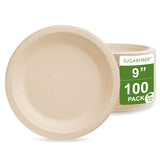 [100 COUNT]Harvest Pack PFAS FREE 9 inch Compostable Paper Plates, Round Disposable Heavy-Duty Natural Bagasse Biodegradable Dinner Plates, Large