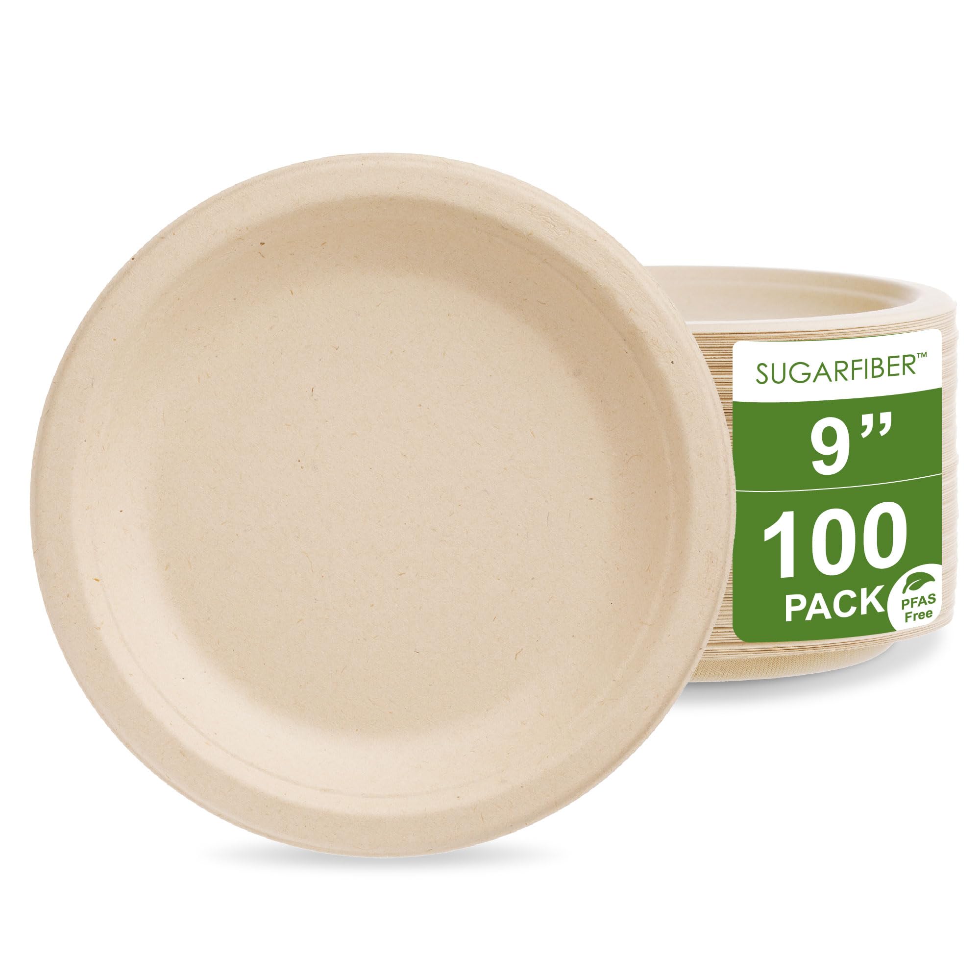[100 COUNT]Harvest Pack PFAS FREE 9 inch Compostable Paper Plates, Round Disposable Heavy-Duty Natural Bagasse Biodegradable Dinner Plates, Large