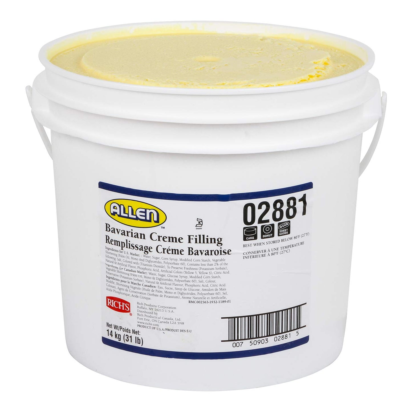 Rich's JW Allen Filling, Bavarian Creme Filling, Bulk Baking Supplies, 496 Oz
