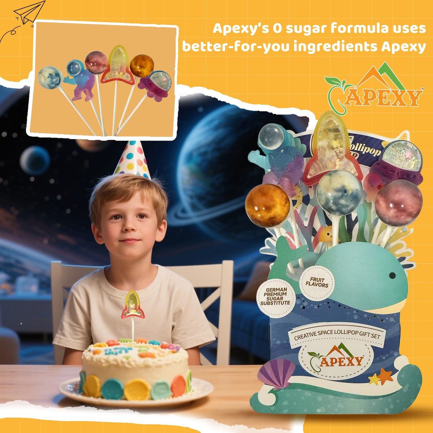 Apexy Creative Lollipops - Handcrafted Candy Pops | Assorted Fun Designs | Colorful Party Candy, Kids Treat & Gift 2 Packs,12 Lollipops (Space