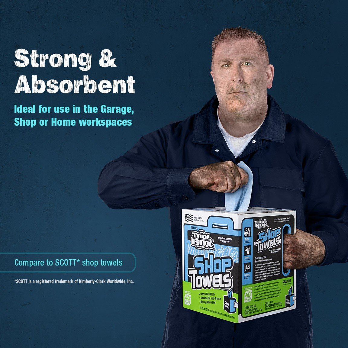 SELLARS WIPERS Toolbox Blue Center-Pull Box Shop Towels (200 Sheets Per Box), 10" x 12"