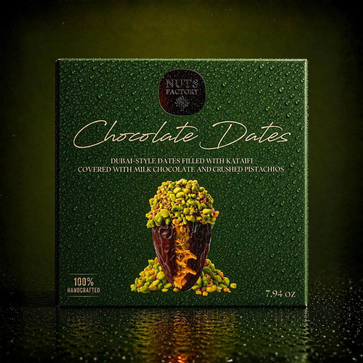 Nuts Factory Chocolate Dates - Dubai Style Milk Chocolate Covered Dates with Kataifi, Pistachio Sauce & Crushed Pistachios, Gourmet Stuffed Dates