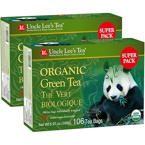 Uncle Lee's Organic Green Tea Bags 2-Pack, 106-Count Super Packs - Bright & Refreshing, Lightly Caffeinated Bulk Tea for Home, Office, Camping