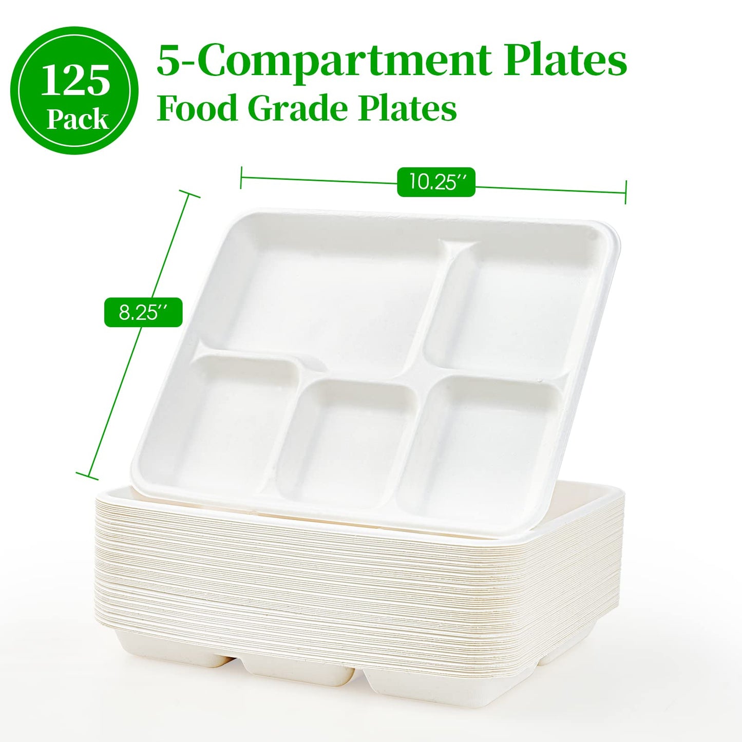 ECOLipak 100% Compostable 5 Compartment Plates, 125 Pack Disposable Paper Plates, Heavy-Duty Biodegradable Sugarcane Plates, Eco-Friendly School Lunch
