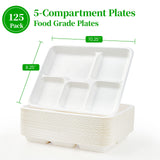 ECOLipak 100% Compostable 5 Compartment Plates, 125 Pack Disposable Paper Plates, Heavy-Duty Biodegradable Sugarcane Plates, Eco-Friendly School Lunch