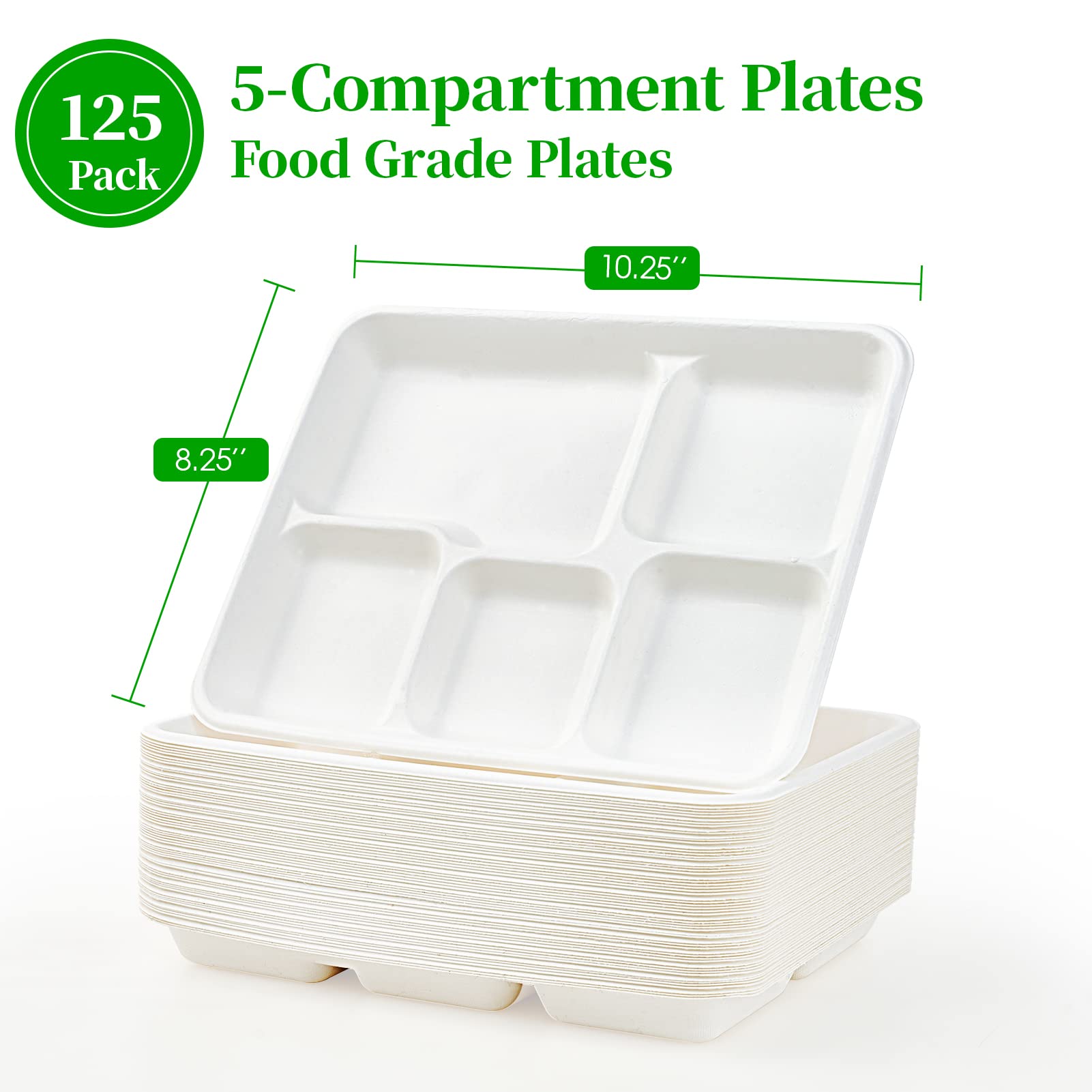 ECOLipak 100% Compostable 5 Compartment Plates, 125 Pack Disposable Paper Plates, Heavy-Duty Biodegradable Sugarcane Plates, Eco-Friendly School Lunch