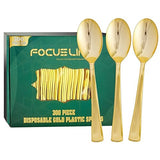 FOCUSLINE 300 Pack 6.8" Disposable Gold Plastic Spoons, Solid and Durable Plastic Cutlery Spoons, Heavy Duty Disposable Utensil Silverware
