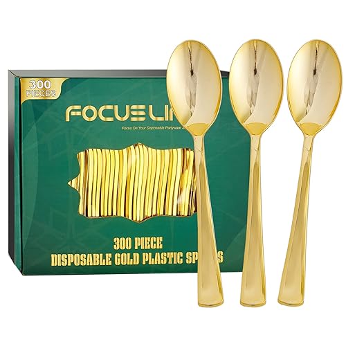 FOCUSLINE 300 Pack 6.8" Disposable Gold Plastic Spoons, Solid and Durable Plastic Cutlery Spoons, Heavy Duty Disposable Utensil Silverware