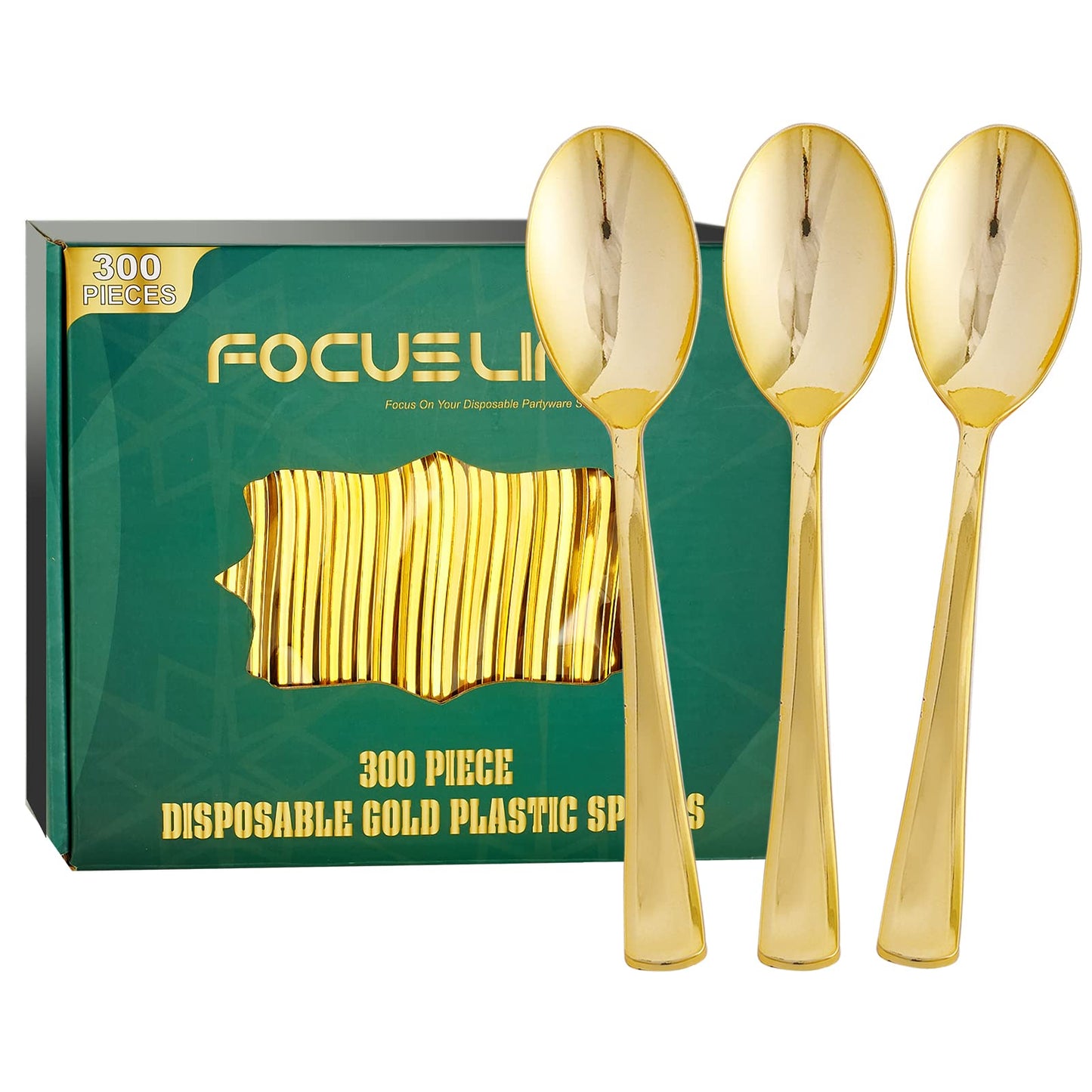 FOCUSLINE 300 Pack 6.8" Disposable Gold Plastic Spoons, Solid and Durable Plastic Cutlery Spoons, Heavy Duty Disposable Utensil Silverware