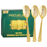 FOCUSLINE 300 Pack 6.8" Disposable Gold Plastic Spoons, Solid and Durable Plastic Cutlery Spoons, Heavy Duty Disposable Utensil Silverware