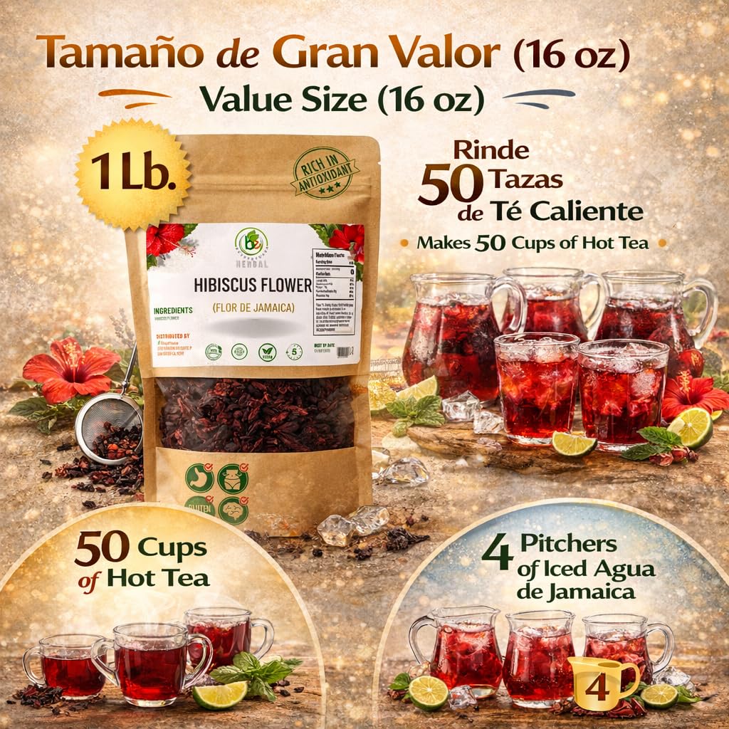 Jamaica Flor - 100% Natural Loose Leaf Hibiscus Tea - 16 oz (1 lb) - Dried Hibiscus Flower Petals - Caffeine-Free - Rich in Antioxidants - Vegan