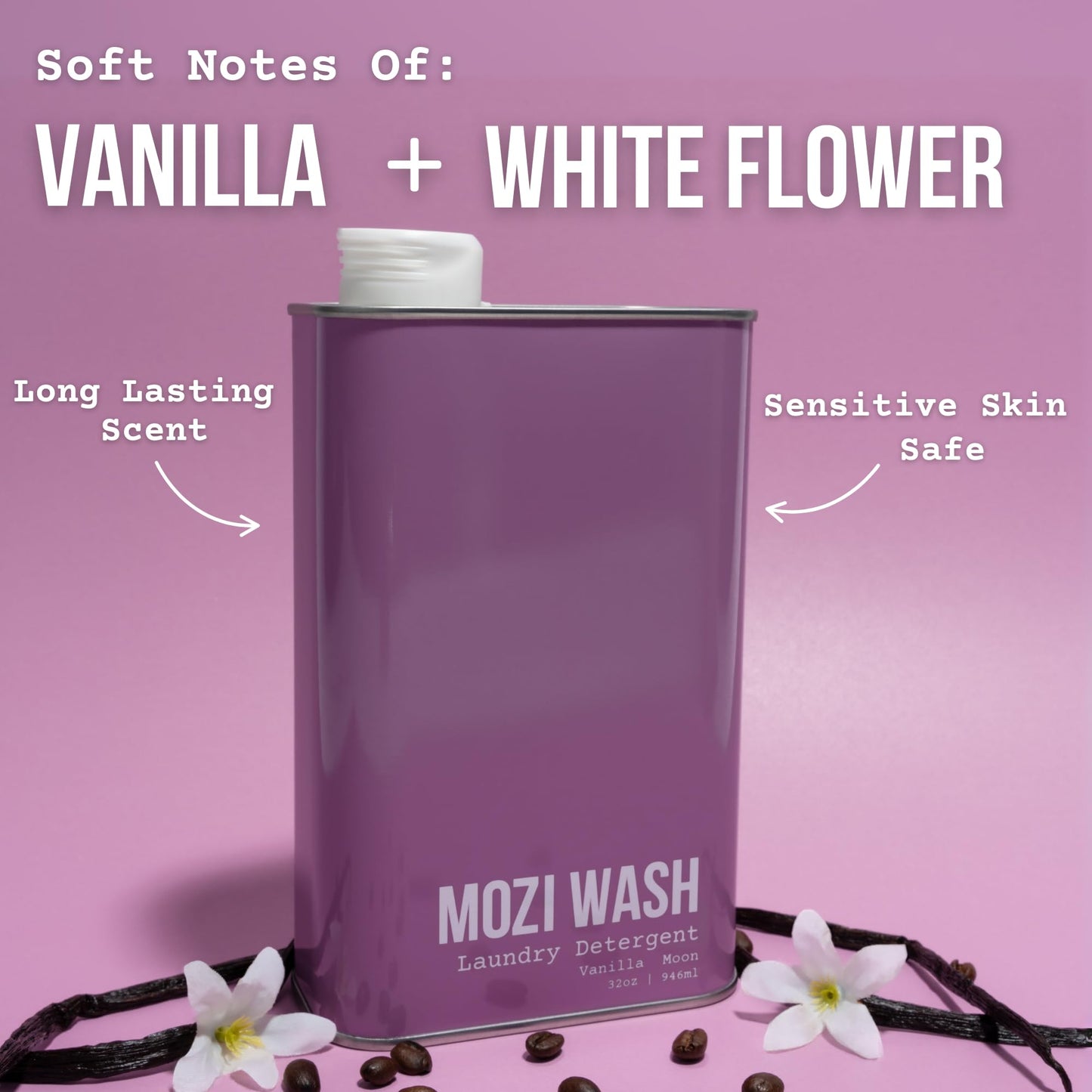 Mozi Wash Laundry Detergent Liquid, Vanilla Moon, 50+ Loads, Concentrated, Plant Based, Cruelty & Dye Free, Phosphate & Paraben Free, Earth Friendly