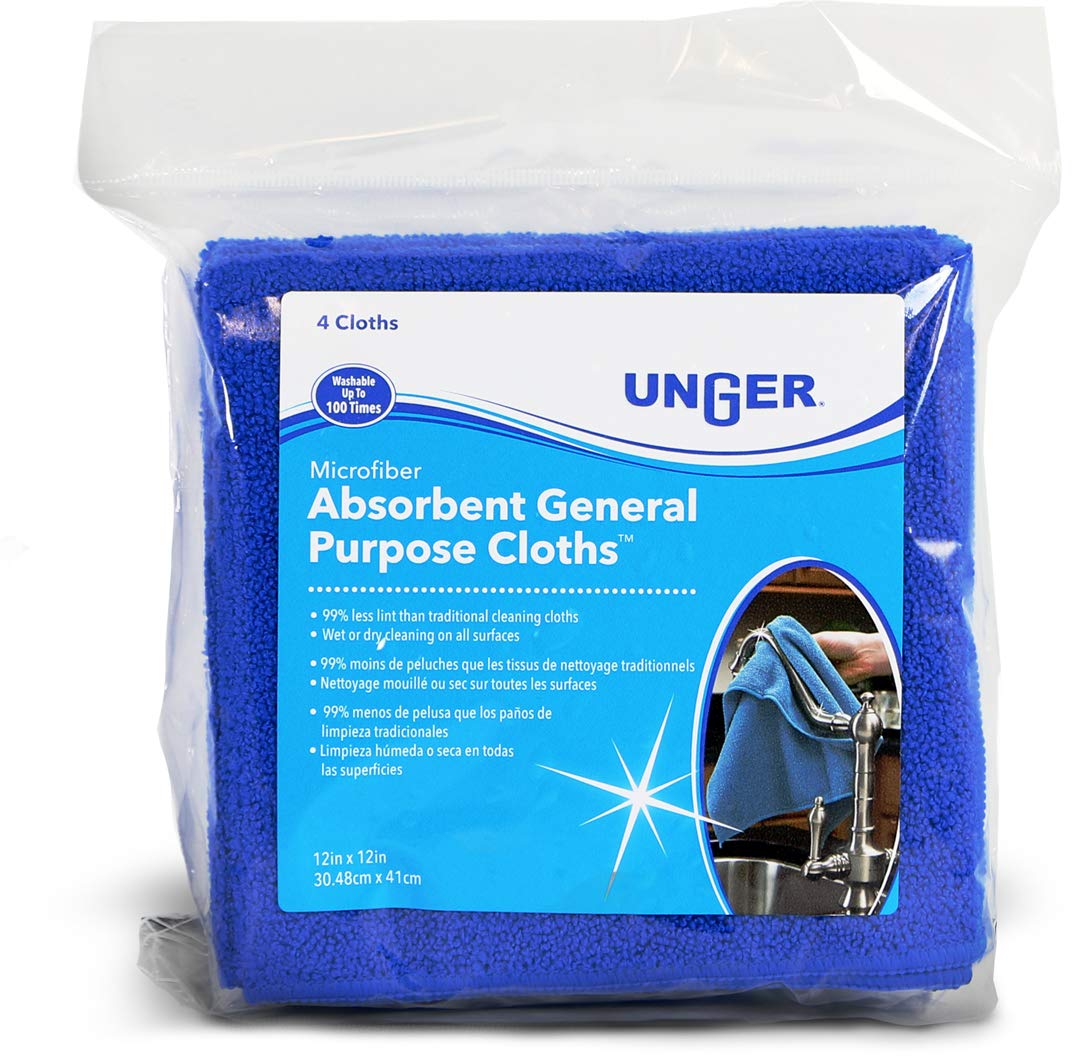 Unger 12” x 12” All-Purpose Microfiber Cloths, 4 Pack, Wet and Dry Cleaning Towels for Kitchen, Furniture, Appliances, Electronics and Glass, Reusable