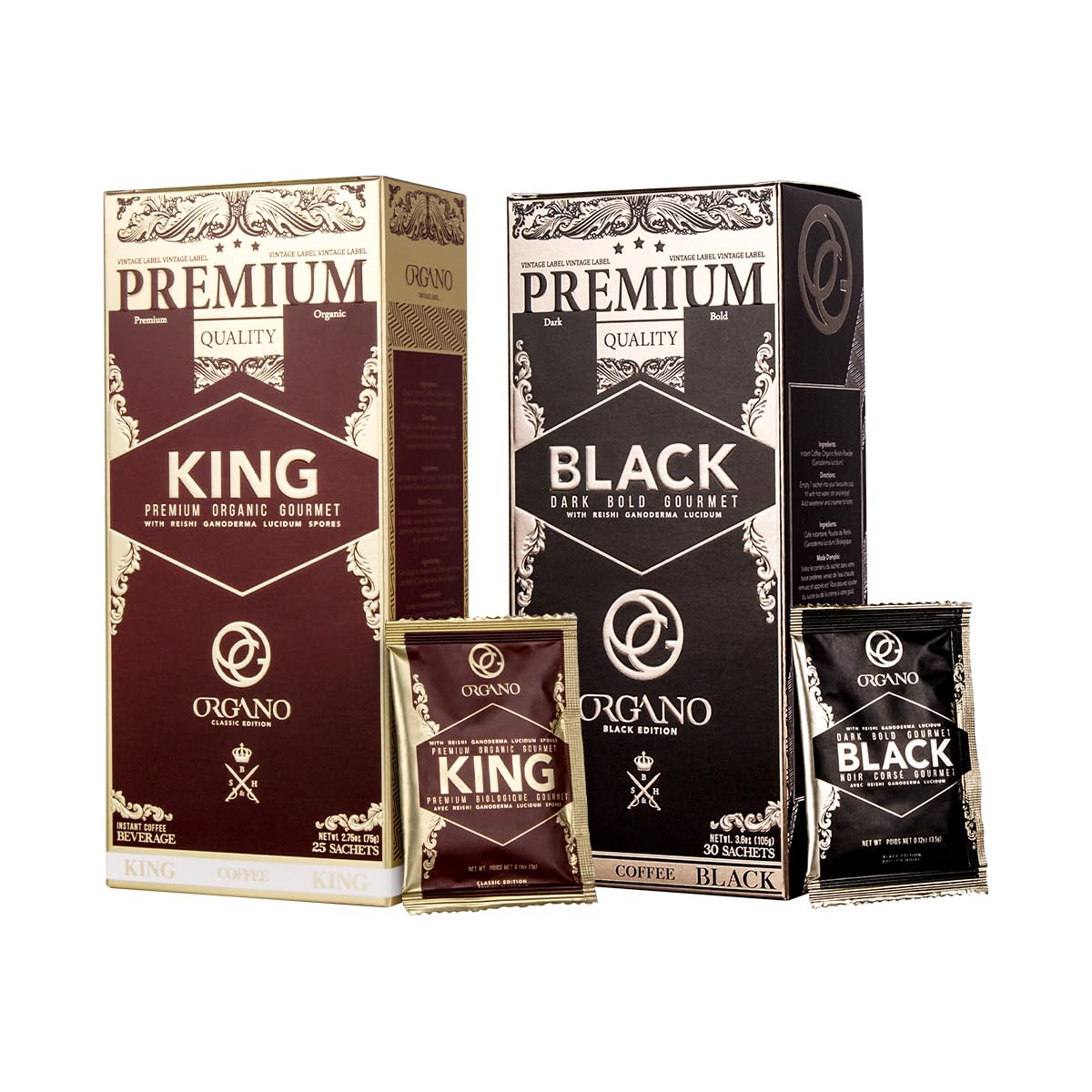 ORGANO Combo Pack, 1 box Black Coffee And 1 box King of Coffee 100% Certified Organic Gourmet Coffee