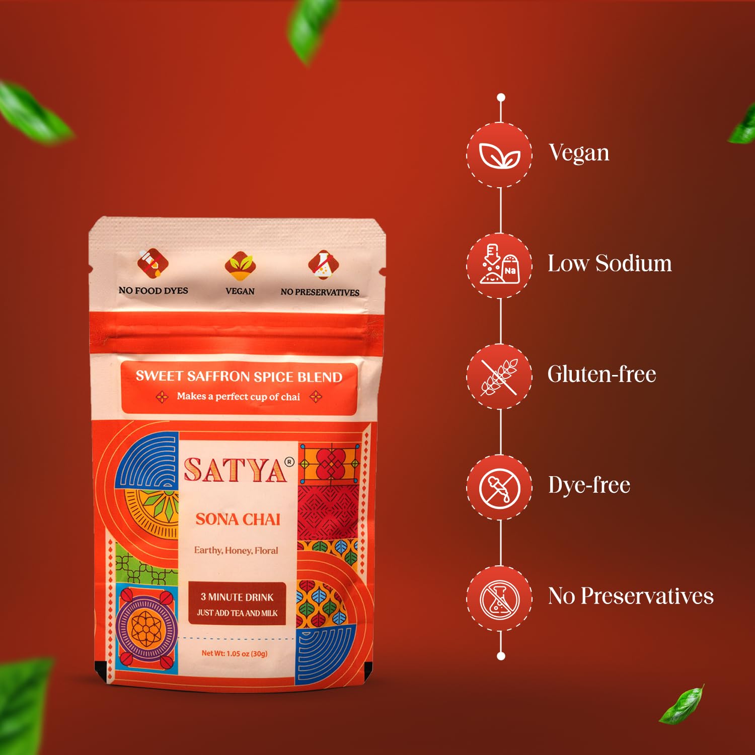 Satya Sona Chai Masala Powder with Saffron Authentic Indian Masala Chai Spice Mix Aromatic Tea Masala Blend 5 Fresh Sachets x 30g Makes 15 Servings