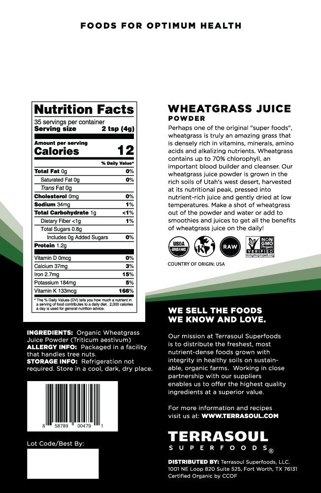 Terrasoul Superfoods Organic Wheat Grass Juice Powder, 5 Oz, Grown in Utah, Made from Nutrient Concentrated Juice, Revitalize with Green Nutrition