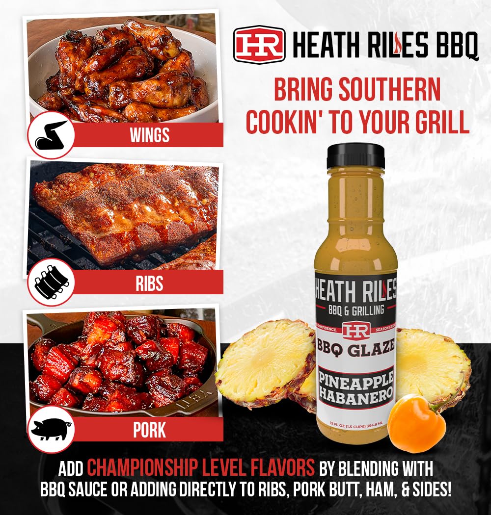 Heath Riles BBQ Pineapple Habanero BBQ Glaze - Spicy Rib Glaze with Sweet Pineapple, Rib Sauce for Pork, Chicken or Ham - 80+ BBQ Championships, 12 oz