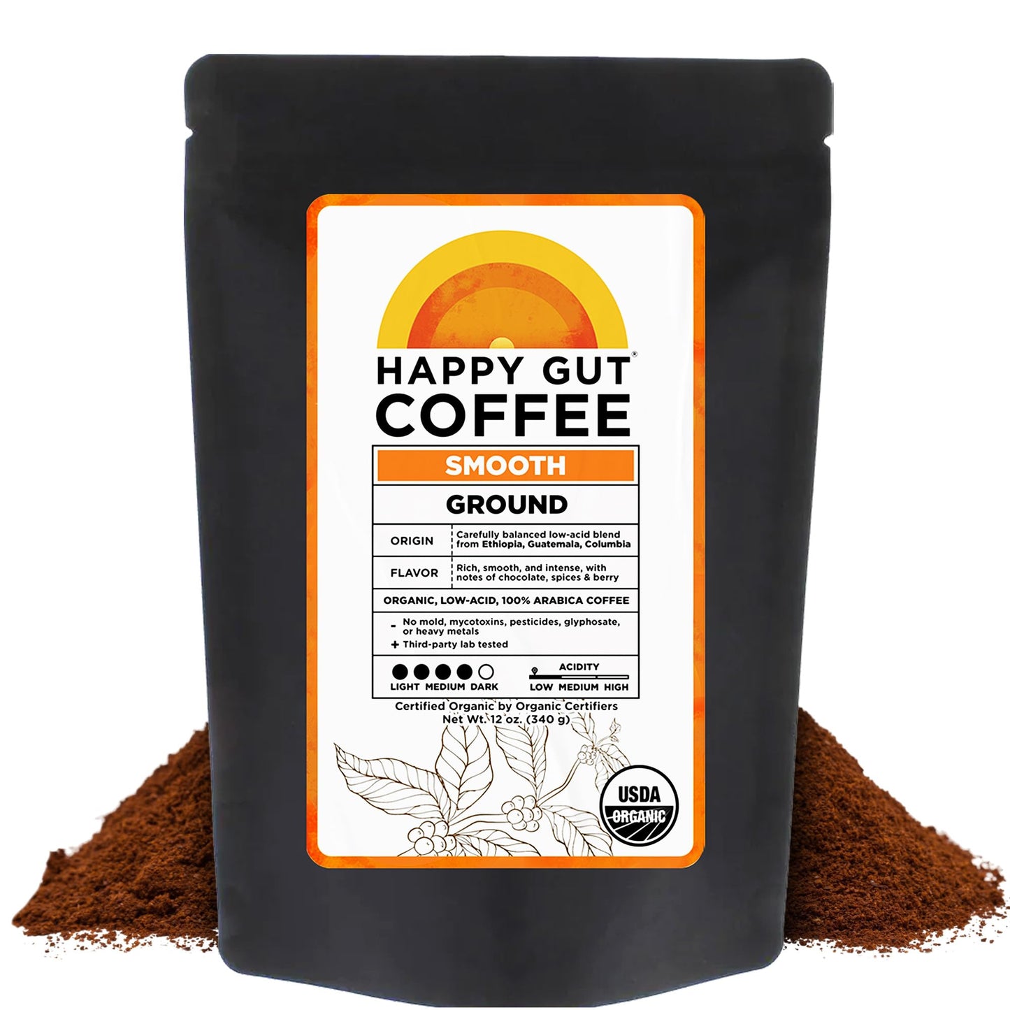 Happy Gut Coffee - Doctor-Formulated, Organic Medium-to-Dark Roast Coffee with Gut-Friendly Benefits - Gentle on Stomach - Rich Flavor, Gluten-Free