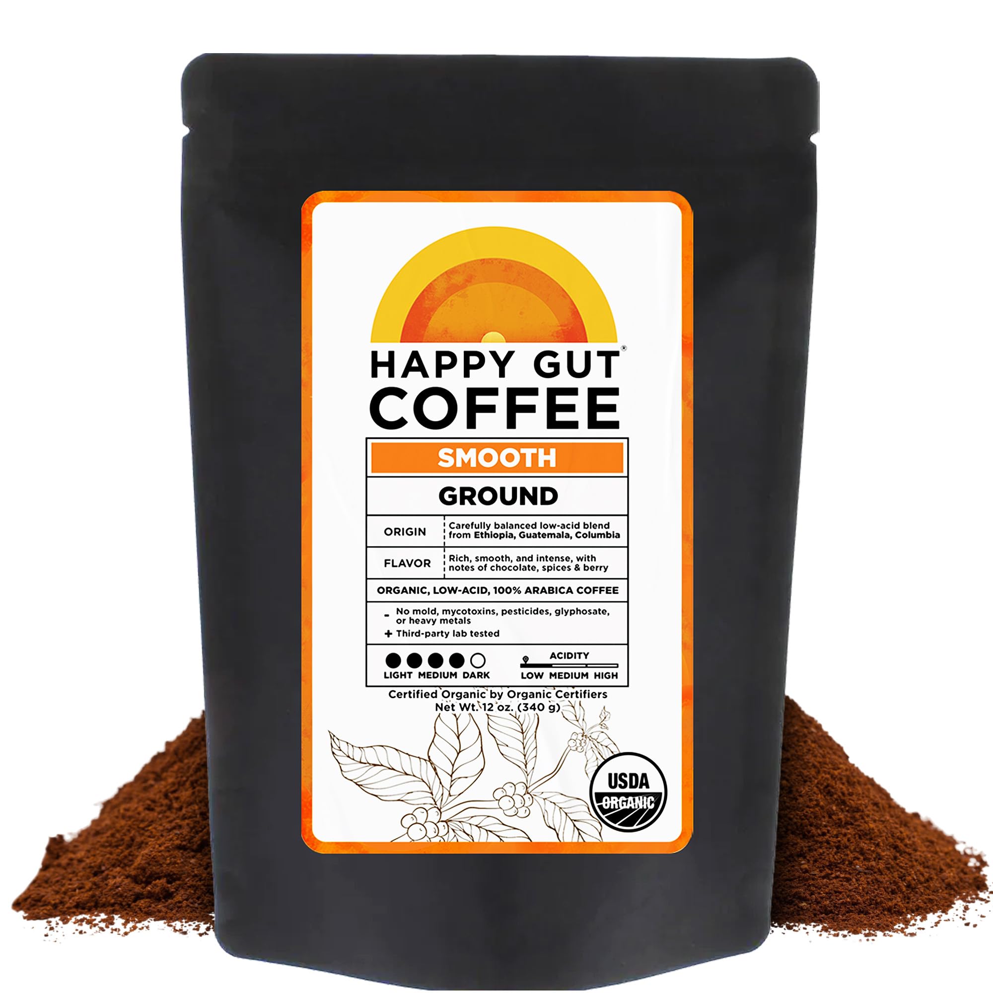 Happy Gut Coffee - Doctor-Formulated, Organic Medium-to-Dark Roast Coffee with Gut-Friendly Benefits - Gentle on Stomach - Rich Flavor, Gluten-Free