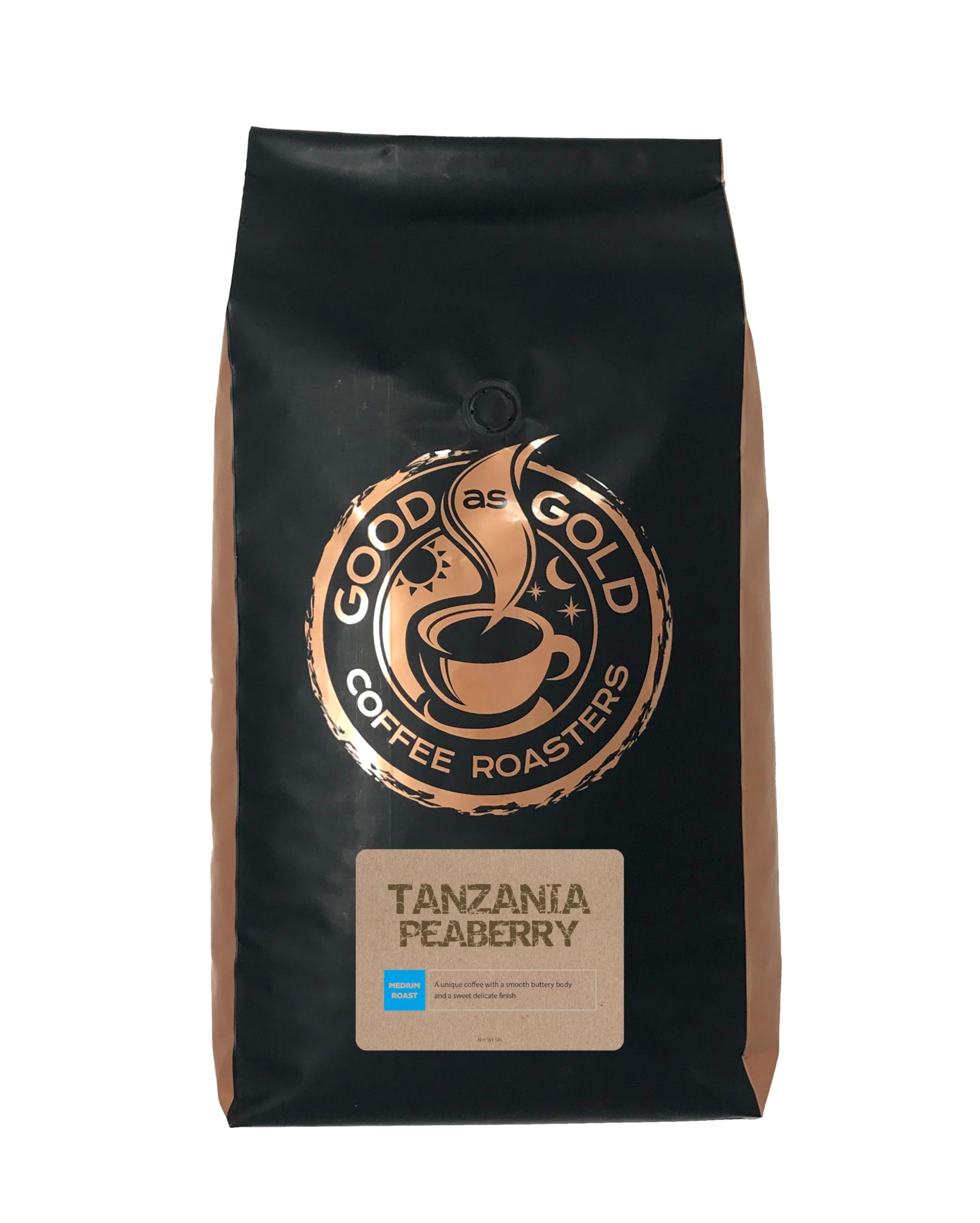 Tanzania Peaberry Coffee - Good As Gold Coffee Roasters - 5lb Whole Bean (Medium Roast) - 100% arabica