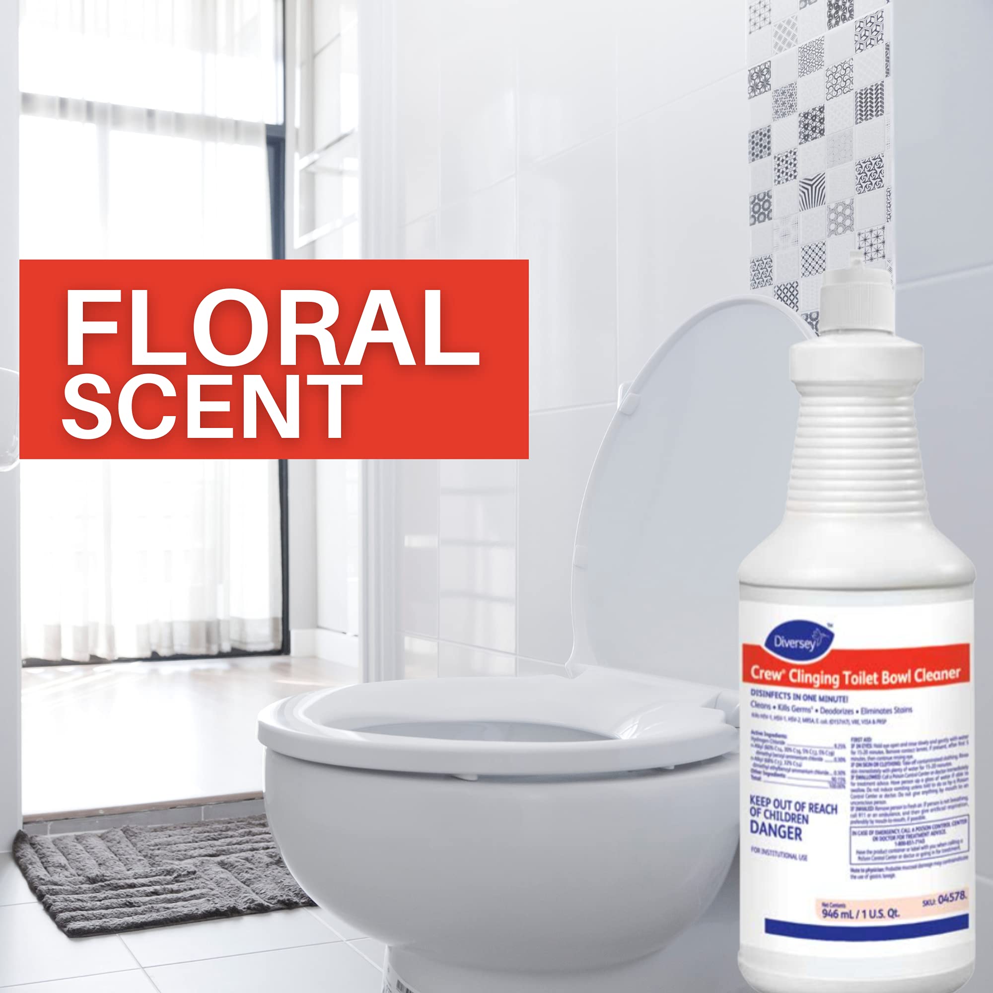 Diversey CREW Clinging Toilet Bowl Cleaner, Floral Scent, Liquid, 1 Qt. Bottle, 12/ct, Ready-to-Use Squeeze Bottle, 32 Fl Oz (Pack of 1)