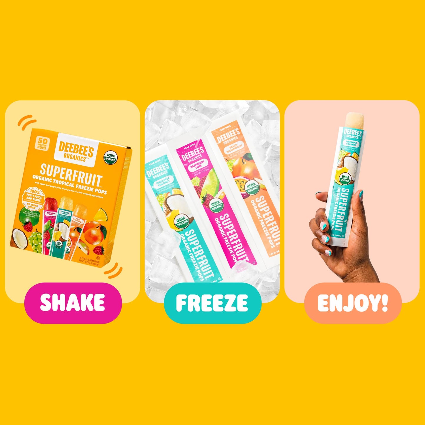 DeeBee's Organics Tropical SuperFruit Freezie Pops, No Added Sugars, No Artificial Flavors or Colors (Pack of 50)