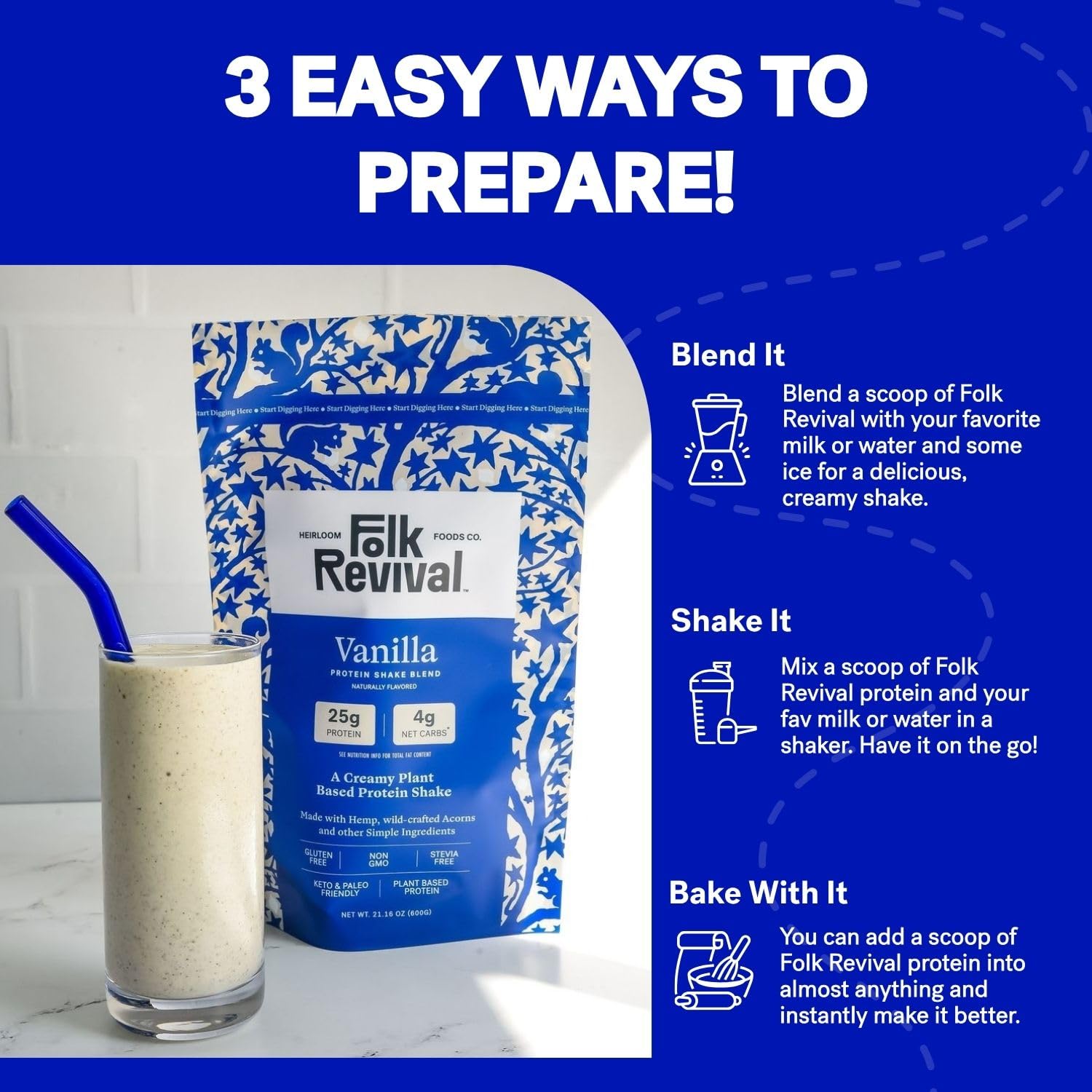 Folk Revival Vanilla Protein Shake Blend - Plant Based, Gluten-Free, Stevia Free - Vegan Protein with 25g Protein & 4g Net Carbs Per Serving - Smooth