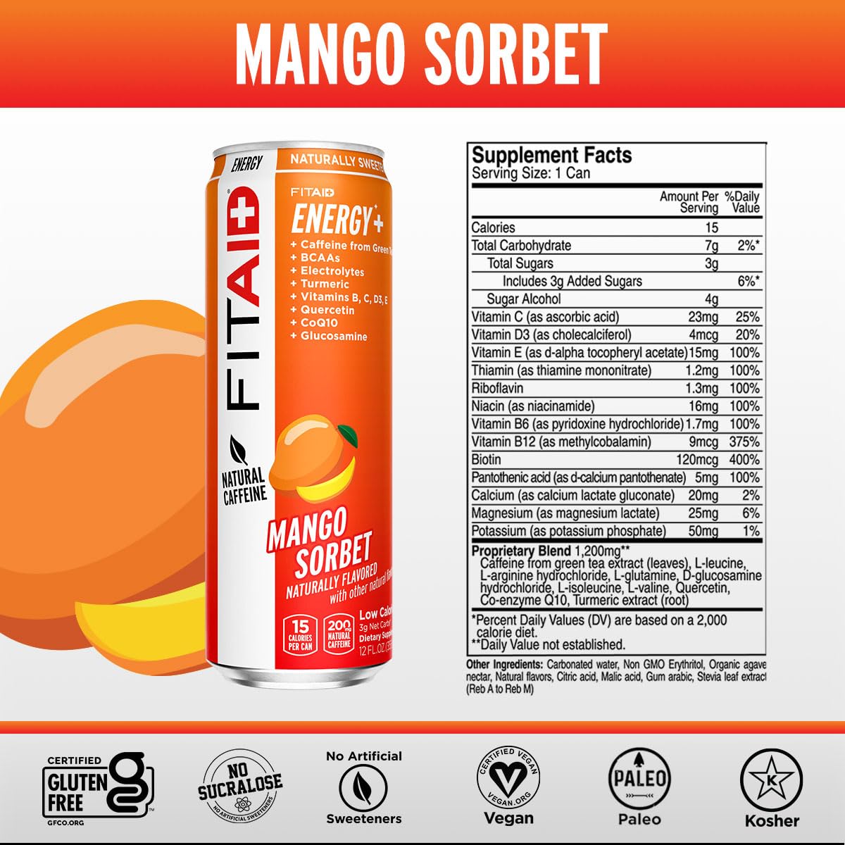 FITAID ENERGY, 200mg Natural Caffeine, Keto, Mango Sorbet, Optimum Performance Formula: BCAAs, Quercetin, Electrolytes, Omega-3s, 15 calories, Paleo