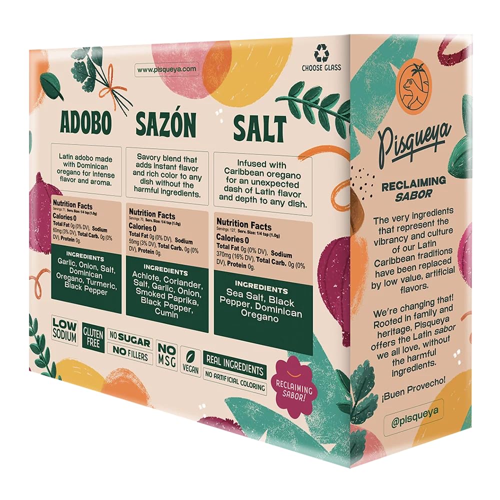 Pisqueya Latin Seasoning Gift Set, Sazon Adobo Oregano Salt, 3 Pack