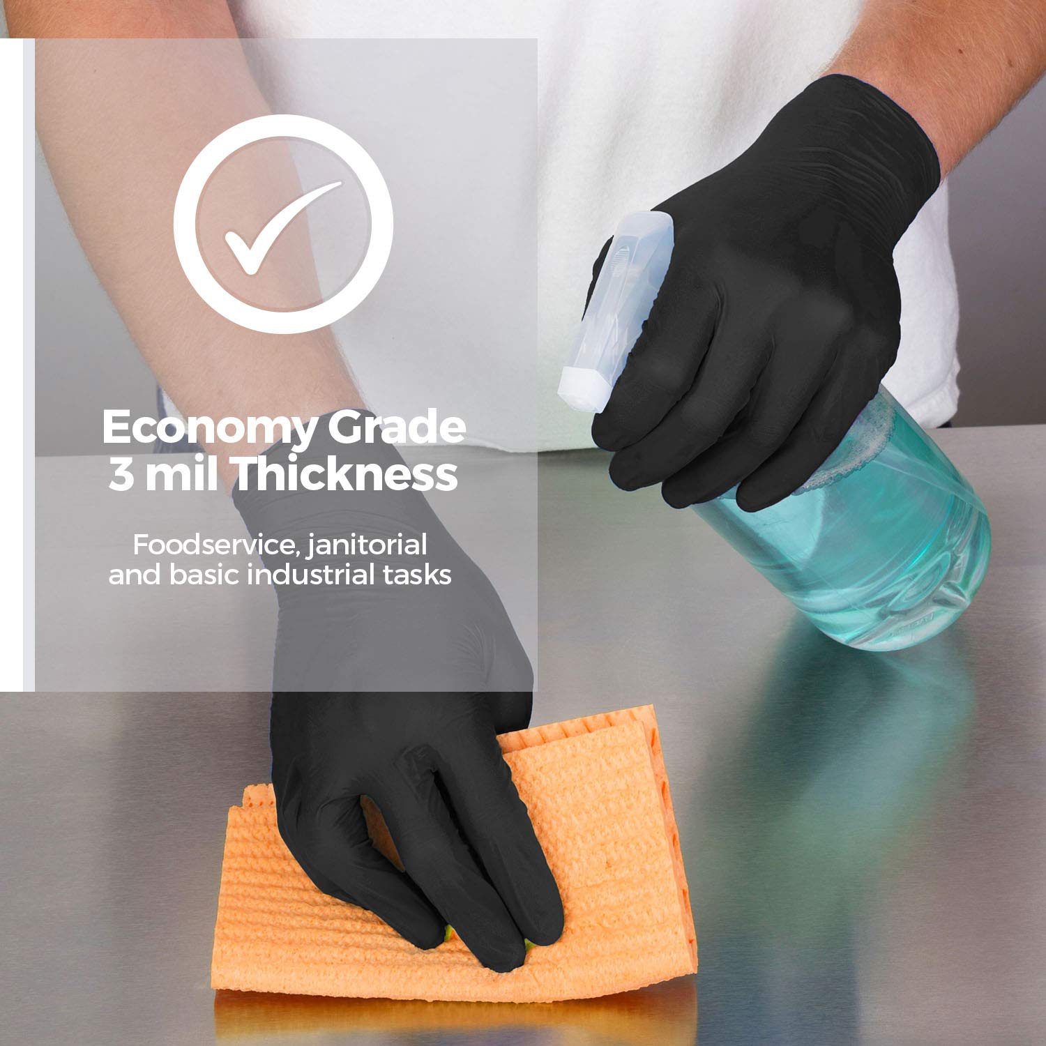 Elara FNE301BK EverfitBLACK3G Nitrile Disposable Gloves, 3 mil, Black, Powder Free, Food Safe, Non-Latex, Size Small, Box of 100