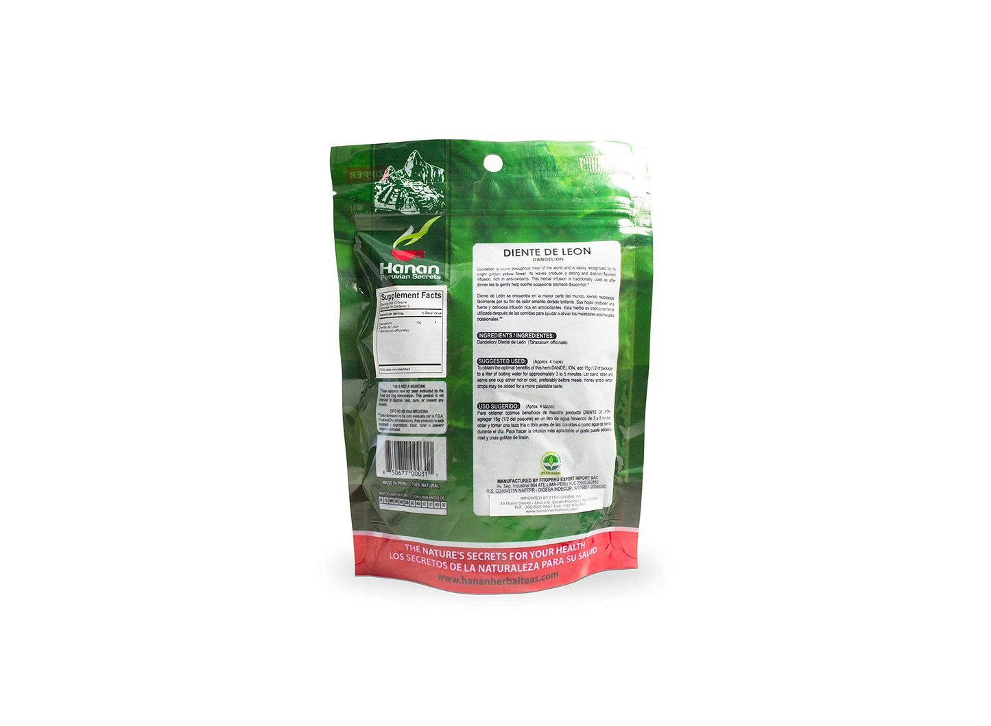 Hanan Peruvian Secrets Diente De Leon Herbal Tea | 100% Natural Dandelion Leaves | 1.06oz / 30g | Naturally Supports Healthy Digestion | Soothes