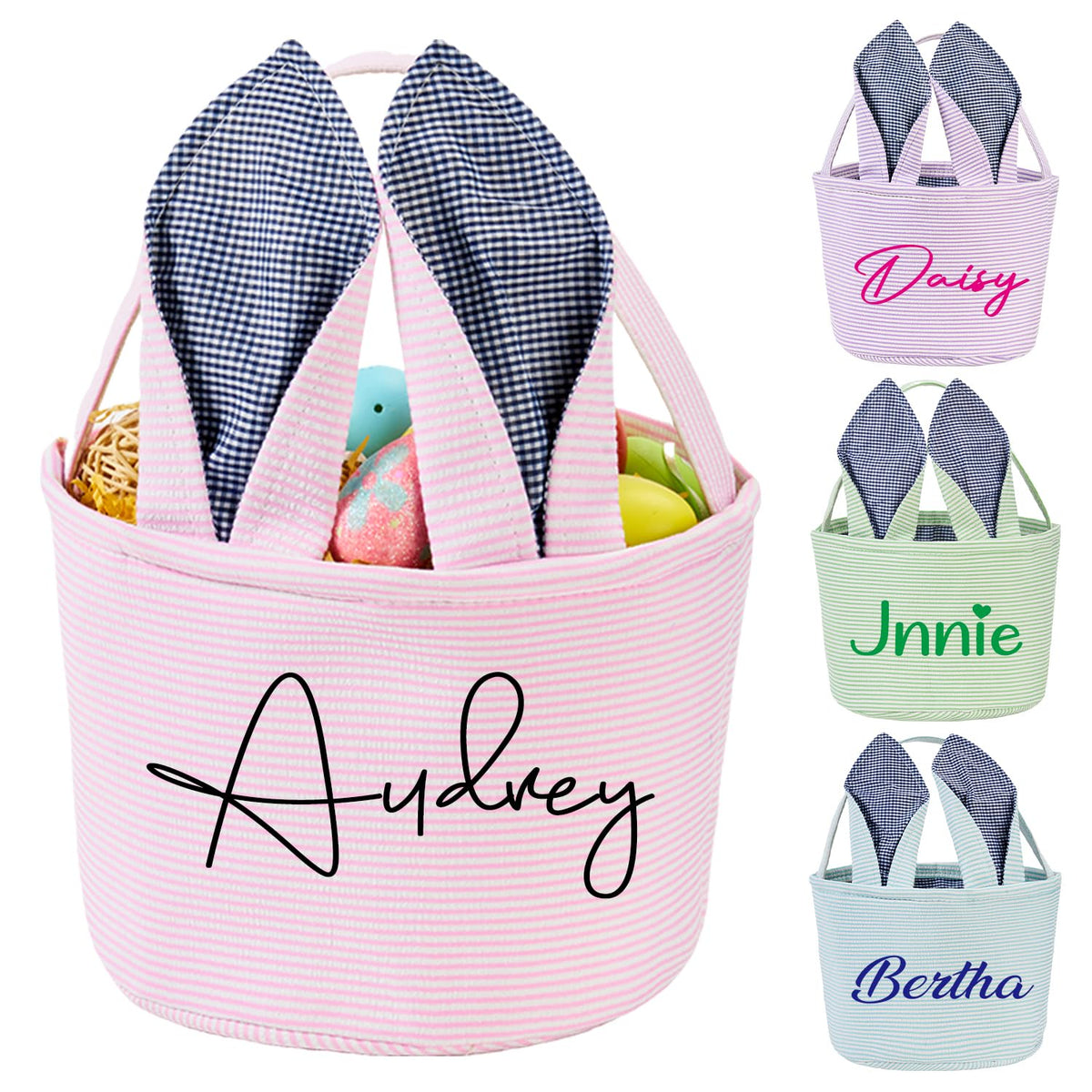 Signifyule Personalized Easter Basket for Boy Girl Seersucker Egg Hunt Bunny Basket for Kids with Custom Name Candy Egg Bucket with Cute Rabbit Ears