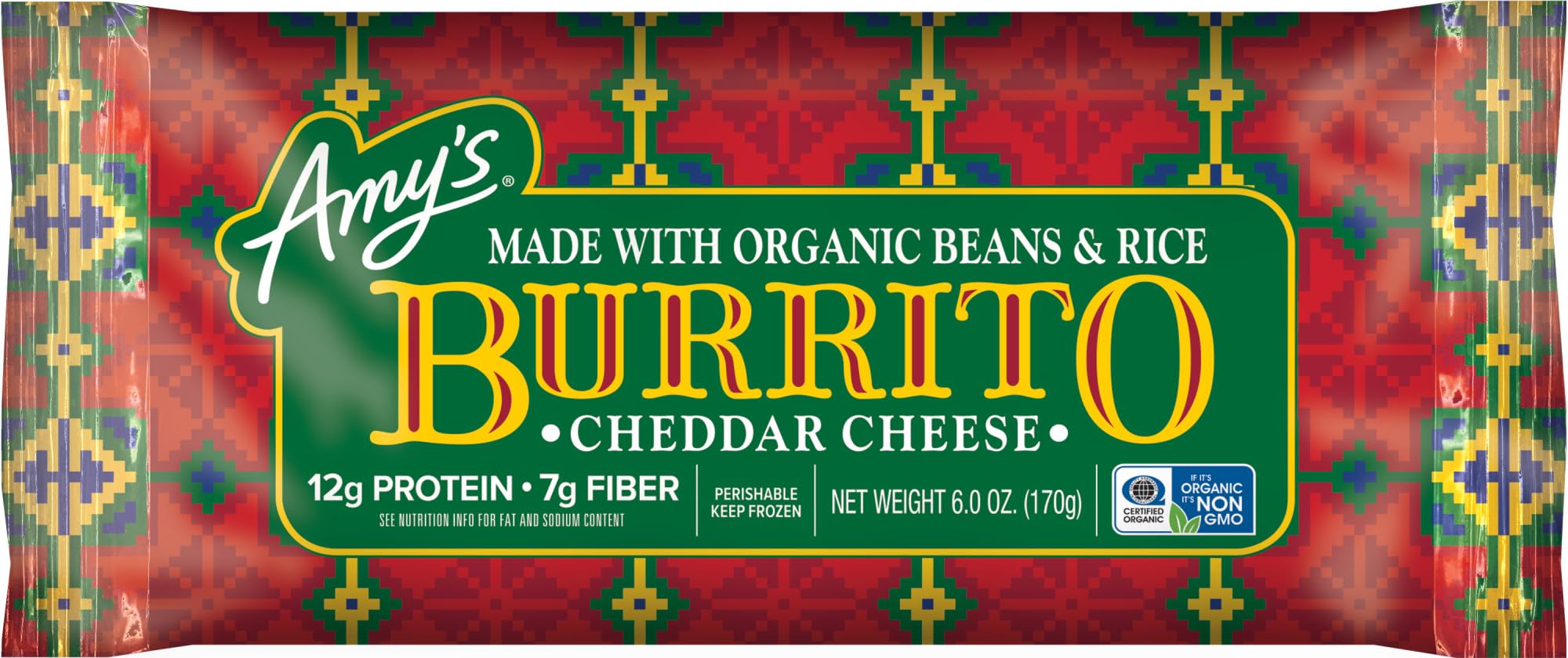 Amy's Frozen Meals, Cheddar Cheese Burrito with Organic Rice and Beans, Microwave Meals, 6.0 Oz