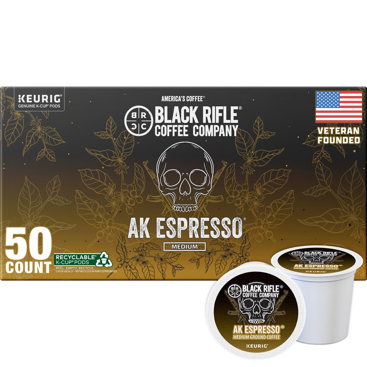 Black Rifle Coffee Company AK Espresso, 50 Count, Medium Roast K Cups - Single Serve K Cups Coffee Pods - Kcup Pods Compatible with Keurig 1.0 & 2.0