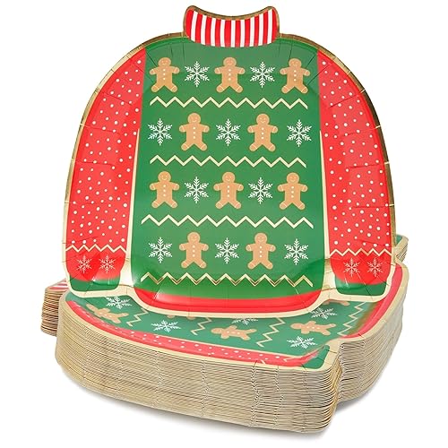 BLUE PANDA Paper Plates - 48 Count, Rectangular 9.7 x 9.1 in, Green & Red - Disposable Heavy-Duty Festive Gingerbread Design Paper Platters - Party