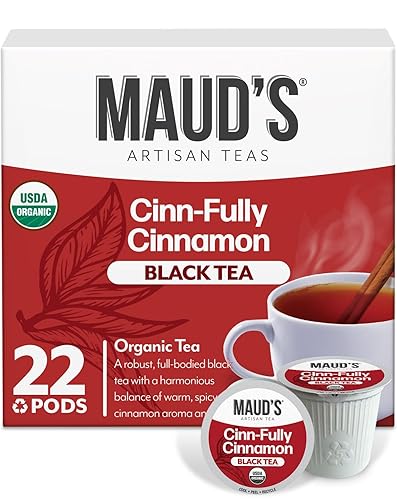 Maud's Organic Cinnamon Black Tea Pods, 22 ct, Recyclable Single Serve Tea Pods - 100% Gourmet Blended Tea Leaves, Compatible with Keurig K Cups Maker