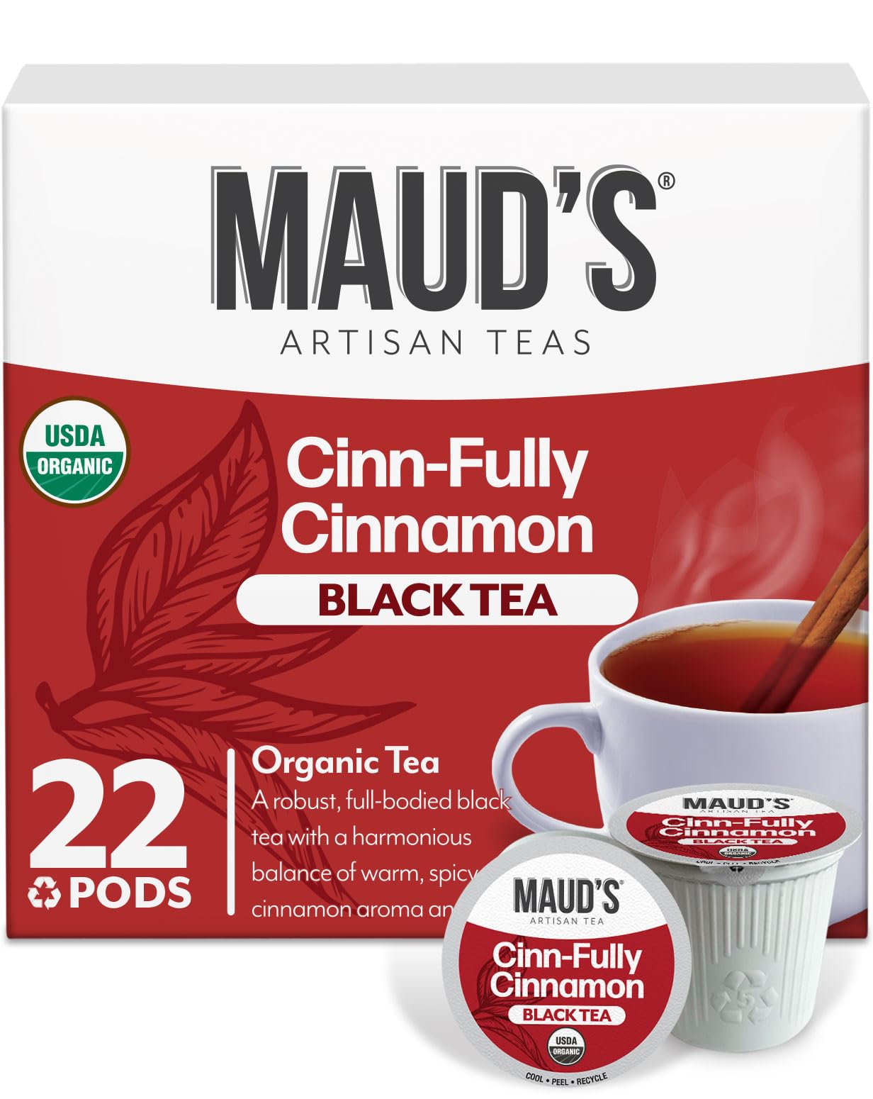 Maud's Organic Cinnamon Black Tea Pods, 22 ct, Recyclable Single Serve Tea Pods - 100% Gourmet Blended Tea Leaves, Compatible with Keurig K Cups Maker