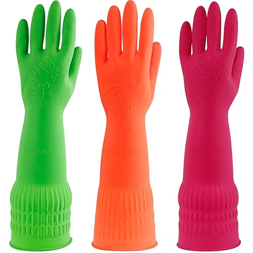 Gdotmely 3 Pairs Rubber Dishwashing Gloves,Rubber Cleaning Gloves, Reusable Kitchen Glove for Household,Waterproof
